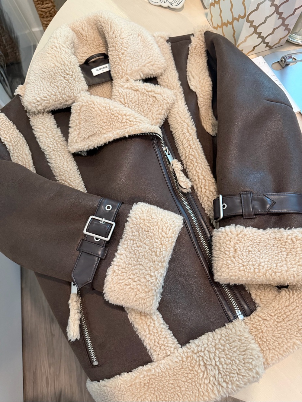 Rumored Brown Bomber Jacket with Cream Shearling